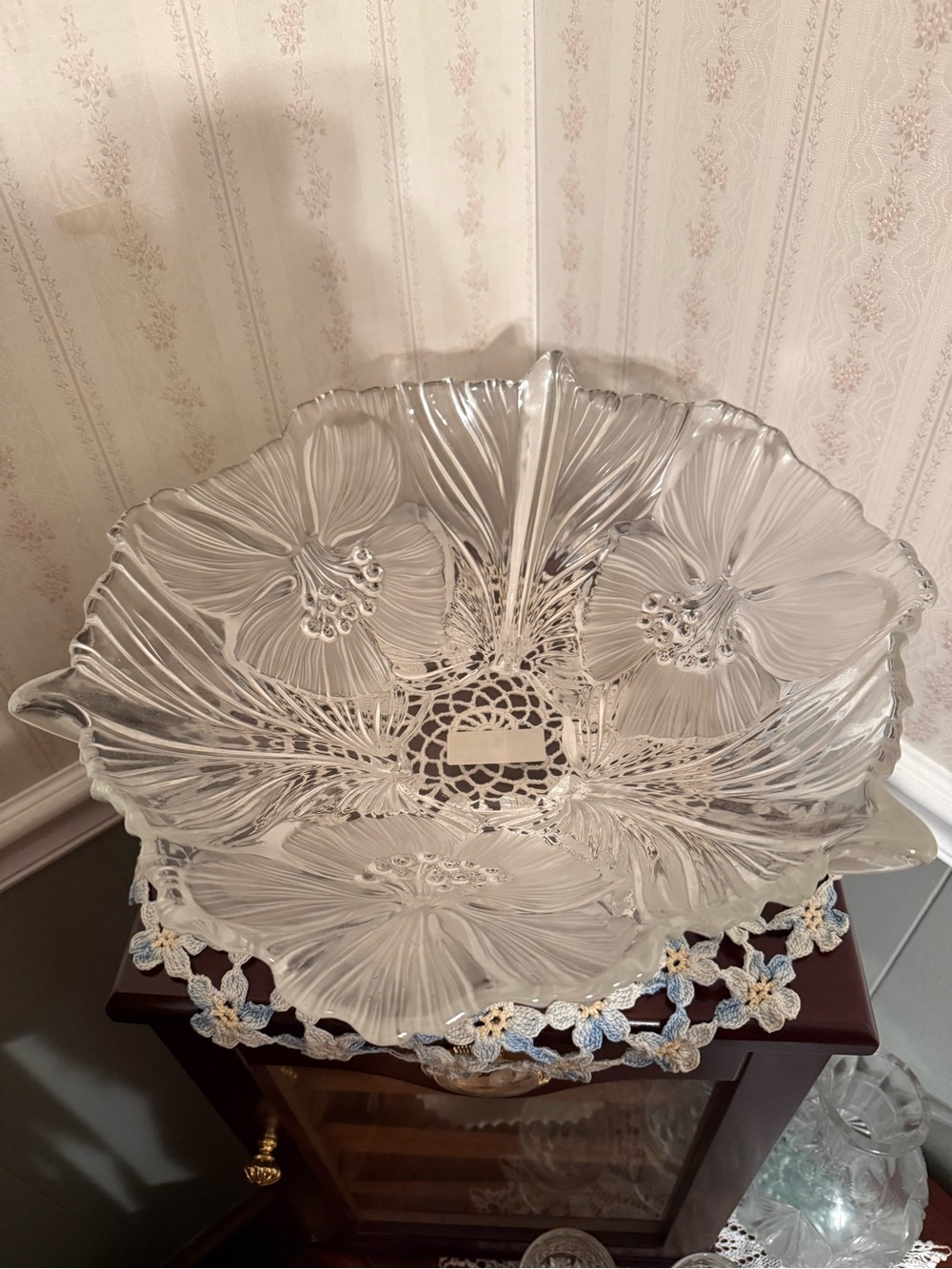 Mishka Clear Floral Pressed Glass Serving Bowl